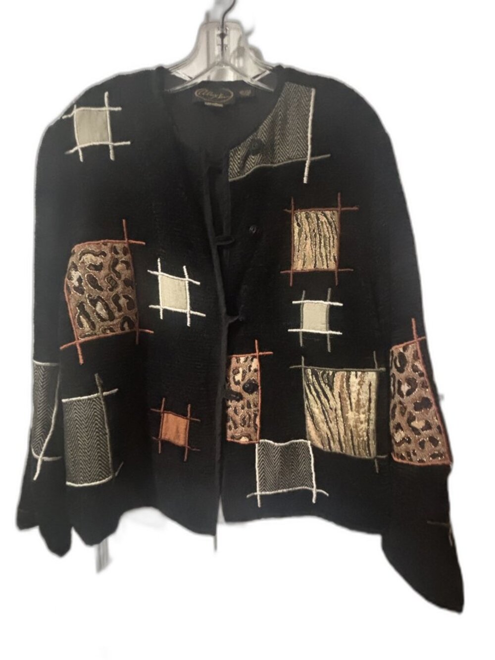 Alex Kim Jacket Medium Black Patchwork Art to Wear Leopard Applique Rayon